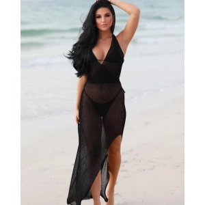 Rochie lunga de plaja tricotata fin cu spatele gol si crapatura pe picior, negru #ZZ1970 - Img 4