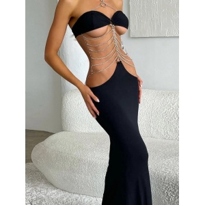 Rochie lunga sexy cu decupaje mari, spatele gol si lanturi metalice decorative, negru #ZZ1074 - Img 4