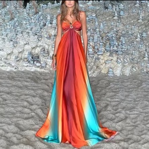 Rochie lungă sexy de plajă, vaporoasă, cu decupaje laterale, multicolor #ZZ1103 - Img 9