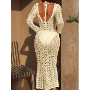 Rochie sexy de plajă tricotată, cu mânecă lungă, ivoire #ZZ1088 - Img 4