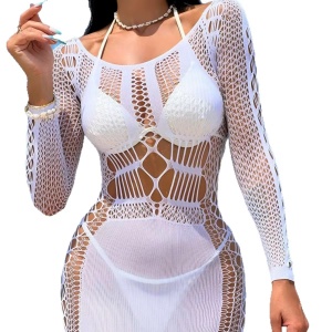 Rochie sexy elastica din plasa cu maneca lunga si decupaje, alb #ZZ4450 - Img 10