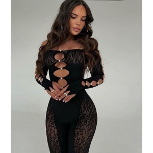 Salopeta sexy elastica cu decupaje, perle decorative si imprimeu leopard, negru #ZZ4503 - Img 9