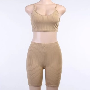 Set 2 piese cu bustiera si pantaloni scurti, material reiat, bej #ZZ2709 - Img 3