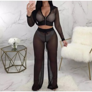 Set 2 piese pentru plaja, cu bluza si pantaloni, semitransparent, negru #ZZ2704