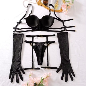 Set lenjerie intima din piele ecologica, imprimeu sarpe si manusi, negru, 5 piese #ZZ4071 - Img 10