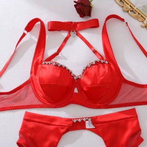 Set lenjerie intima satinat cu cristale decorative, rosu, 4 piese#ZZ4191 - Img 12