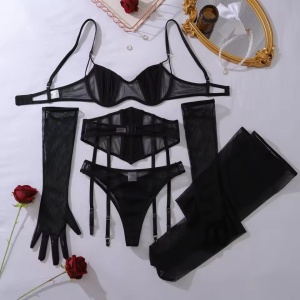 Set lenjerie intima sexy cu balene de sustinere, manusi si ciorapi, 5 piese, negru #ZZ4225 - Img 9