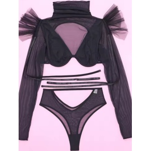 Set lenjerie intima sexy cu bluza maneca lunga, negru, 3 piese #ZZ4577 - Img 7