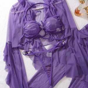 Set lenjerie intima sexy cu bluza si pantaloni, mov, 4 piese #ZZ4957 - Img 4