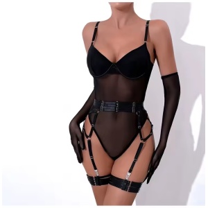 Set lenjerie intima sexy cu body si manusi lungi , negru, 4 piese #ZZ4274 - Img 7