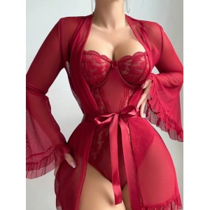 Set lenjerie intima sexy cu halat, body si ciorapi plasa, visiniu, 3 piese #ZZ4458 - Img 5