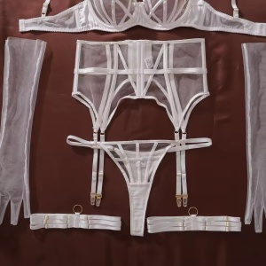 Set lenjerie intima sexy cu insertii de tul, alb, 5 piese#ZZ4378 - Img 7