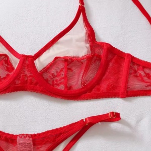 Set lenjerie intima sexy cu insertii de tul nude si manusi lungi, rosu, 4 piese #ZZ4591 - Img 9
