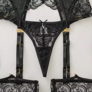Set lenjerie intima sexy din dantela brodata cu corset si manusi, 4 piese, negru #ZZ4122 - Img 10