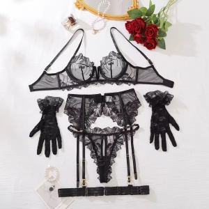 Set lenjerie intima sexy din dantela brodata cu manusi , negru, 5 piese #ZZ4631 - Img 4