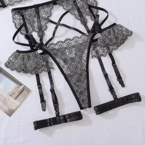 Set lenjerie intima sexy din dantela cu broderie florala, negru, 4 piese #ZZ4623 - Img 11