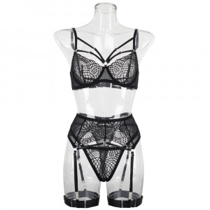 Set lenjerie intima sexy din dantela cu broderie si bretelute decorative, negru, 4 piese #ZZ4207 - Img 7
