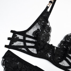 Set lenjerie intima sexy din dantela cu broderie si cristale decorative, negru, 4 piese #ZZ4172 - Img 12