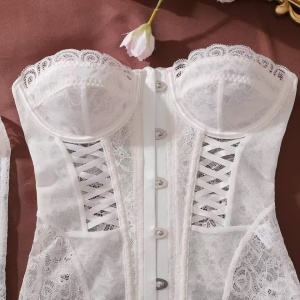Set lenjerie intima sexy din dantela cu corset, ciorapi si manusi, 4 piese, alb, #ZZ4248 - Img 5