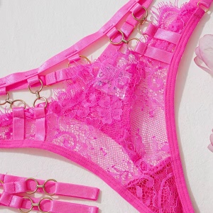 Set lenjerie intima sexy din dantela cu decupaje si accesorii metalice, roz neon, 3 piese #ZZ4665 - Img 12