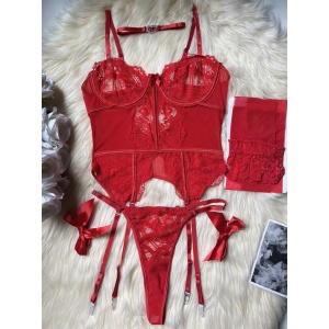 Set lenjerie intima sexy din dantela cu fundite, choker si ciorapi , rosu, 5 piese #ZZ4354 - Img 4