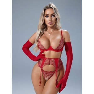 Set lenjerie intima sexy din dantela cu manusi lungi, rosu, 4 piese#ZZ4537 - Img 6
