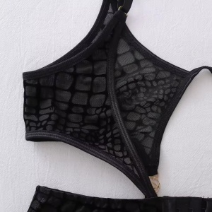 Set lenjerie intima sexy din dantela fina brodata, ciorapi, 3 piese, negru #ZZ4241 - Img 9