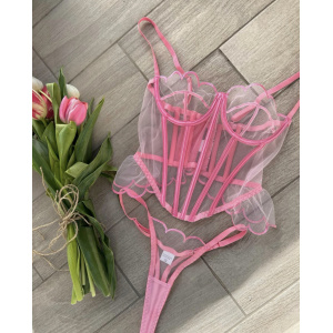 Set lenjerie intima sexy din dantela fina cu corset si chilot, roz, 2 piese #ZZ4382 - Img 9