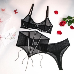 Set lenjerie intima sexy din dantela fina elastica cu cristale, negru, 3 piese #ZZ4948 - Img 8