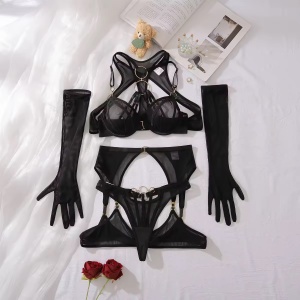 Set lenjerie intima sexy din dantela fina elastica cu manusi , negru, 5 piese #ZZ4628 - Img 10