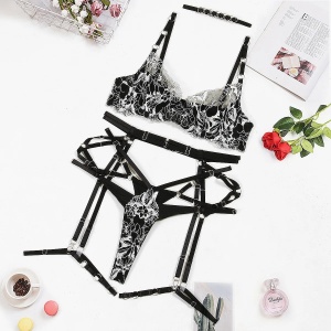 Set lenjerie intima sexy din dantela neagra brodata, negru/alb, 5 piese #ZZ4949 - Img 8
