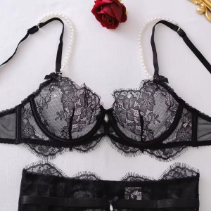 Set lenjerie intima sexy din dantela, perle dcorative , ciorapi, 4 piese, negru #ZZ4468 - Img 8