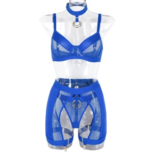 Set lenjerie intima sexy din dantela tip plasa cu accesorii metalice aurii, albastru, 4 piese #ZZ4975 - Img 5