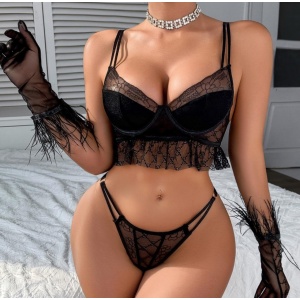 Set lenjerie intima sexy din dantelată brodată cu mănuși, negru, 3 piese #ZZ4263 - Img 2