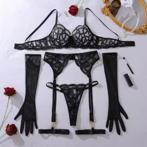 Set lenjerie intima sexy din dantelată brodată cu mănuși, negru, 5 piese #ZZ4398 - Img 6
