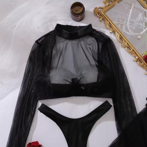Set lenjerie intima sexy din dantelată fină elastică cu ciorapi înalți, negru, 3 piese #ZZ4315 - Img 10
