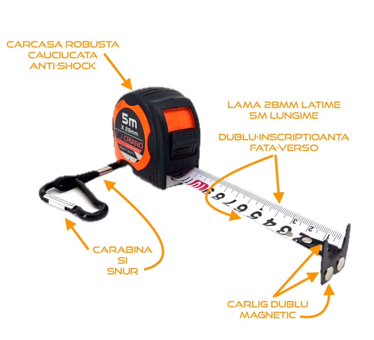 Ruleta Magnetica Heavy-Duty banda metalica cu dublu marcaj, ranforsata anti-shock si carabina, 5m x 28mm - CNO-RUL5X28-HD - 1 | YEO