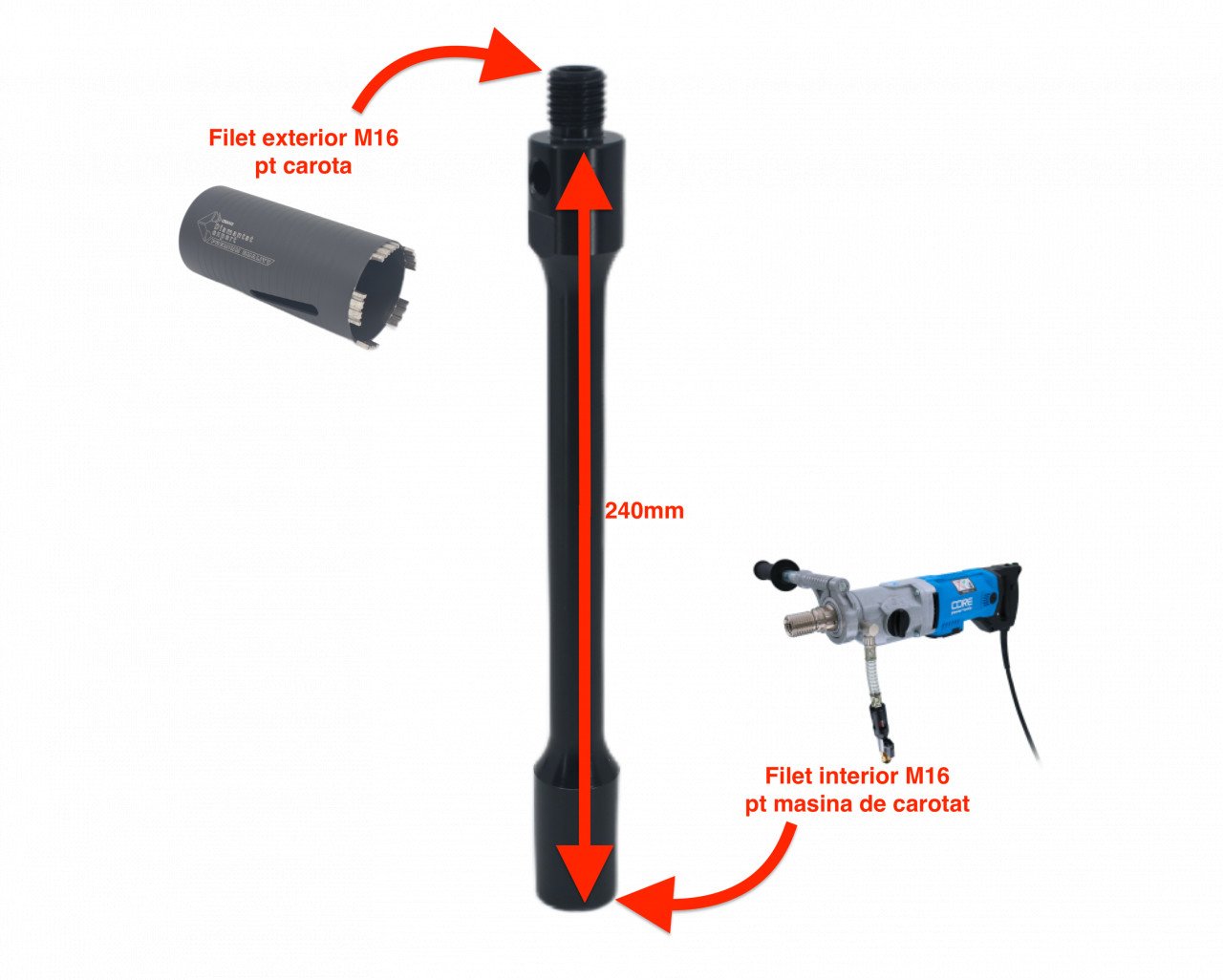 Extensie de 240mm lungime pentru carote cu prindere M16 - DXDY.117.EXT240 - 3 | YEO