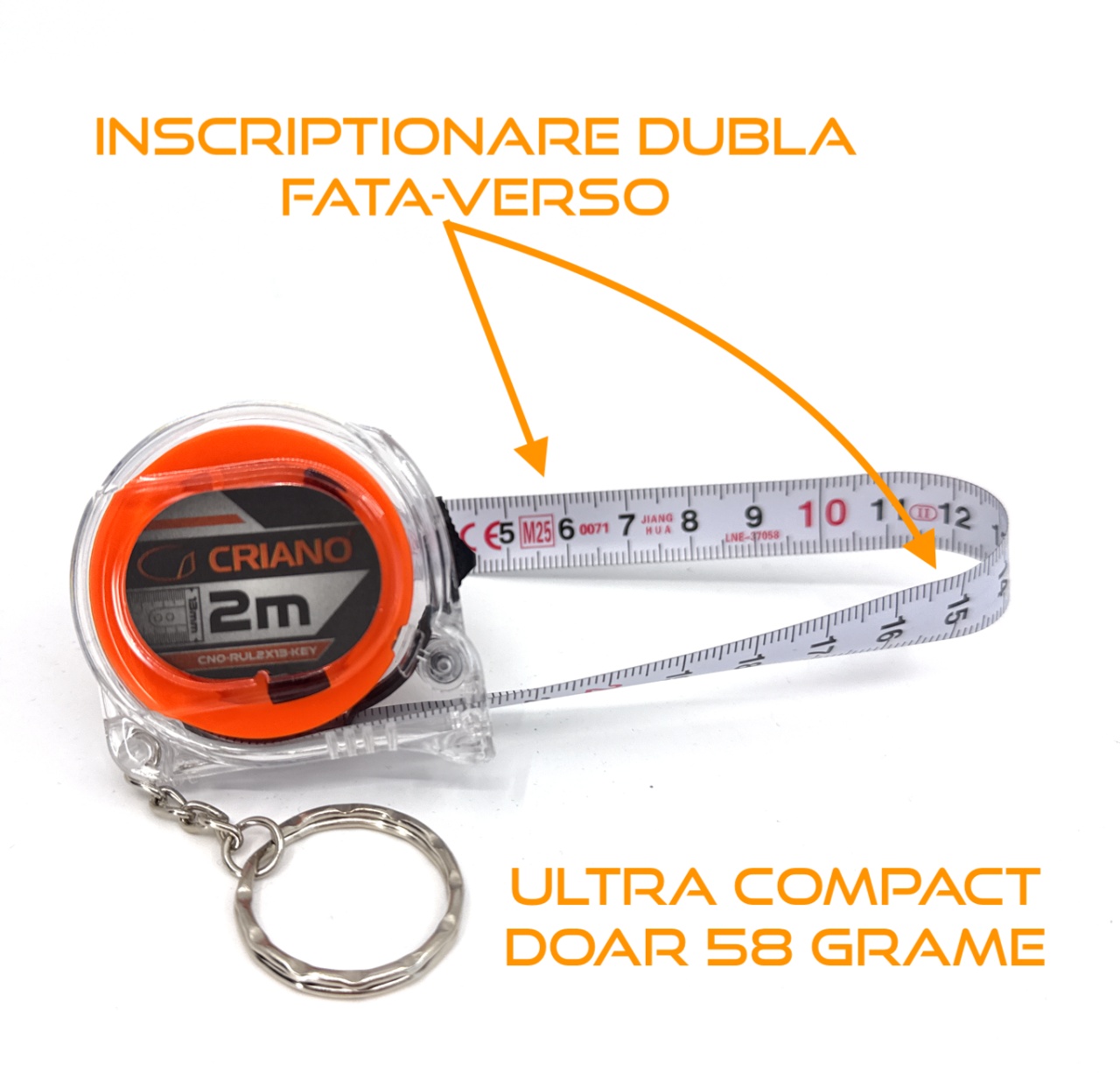 Ruleta Compacta banda metalica cu dublu marcaj, corp transparent cu inel tip breloc, 2m x 13mm - CNO-RUL2X13-KEY - 1 | YEO