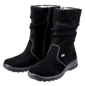 Cizme dama negru casual piele intoarsa impermeabile imblanite scurte cu talpa joasa Rieker Z7171-01-Negru