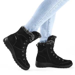 Ghete dama negru casual piele intoarsa impermeabile imblanite cu talpa joasa Rieker L7145-00-Negru