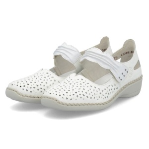 Pantofi dama alb casual piele naturala perforati cu talpa joasa Rieker 41399-80-Alb