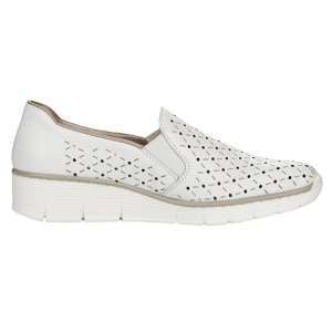 Pantofi dama alb casual piele naturala perforati cu talpa joasa Rieker 53795-80-Alb