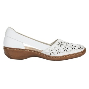 Pantofi dama alb casual piele naturala perforati cu talpa joasa Rieker 41356-80-Alb