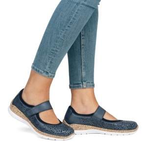 Pantofi dama albastru casual piele ecologica cu talpa joasa Rieker N4299-14-Albastru