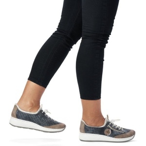 Pantofi dama albastru casual piele ecologica perforati cu talpa joasa Rieker N5596-14-Albastru