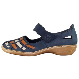 Pantofi dama, albastru inchis, casual, piele naturala, perforati, cu talpa joasa, Rieker 41369-14-Albastru-Inchis