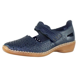 Pantofi dama albastru inchis casual piele naturala perforati cu talpa joasa Rieker 41399-14-Albastru-Inchis