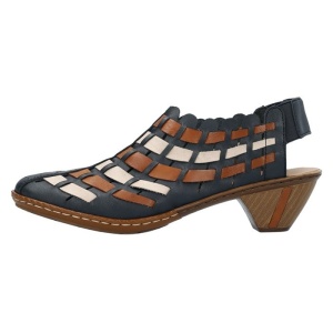 Pantofi dama, albastru inchis, casual, piele naturala, perforati, cu toc, Rieker 46778-14-Albastru-Inchis