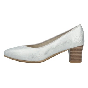 Pantofi dama, argintiu, casual, piele ecologica, cu toc, Rieker 44650-90-Argintiu